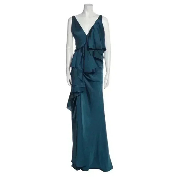 Solace London Deep Jade Ruffle Spaghetti Strap Satin Gown Size 6 NEW NWT! - Picture 6 of 8
